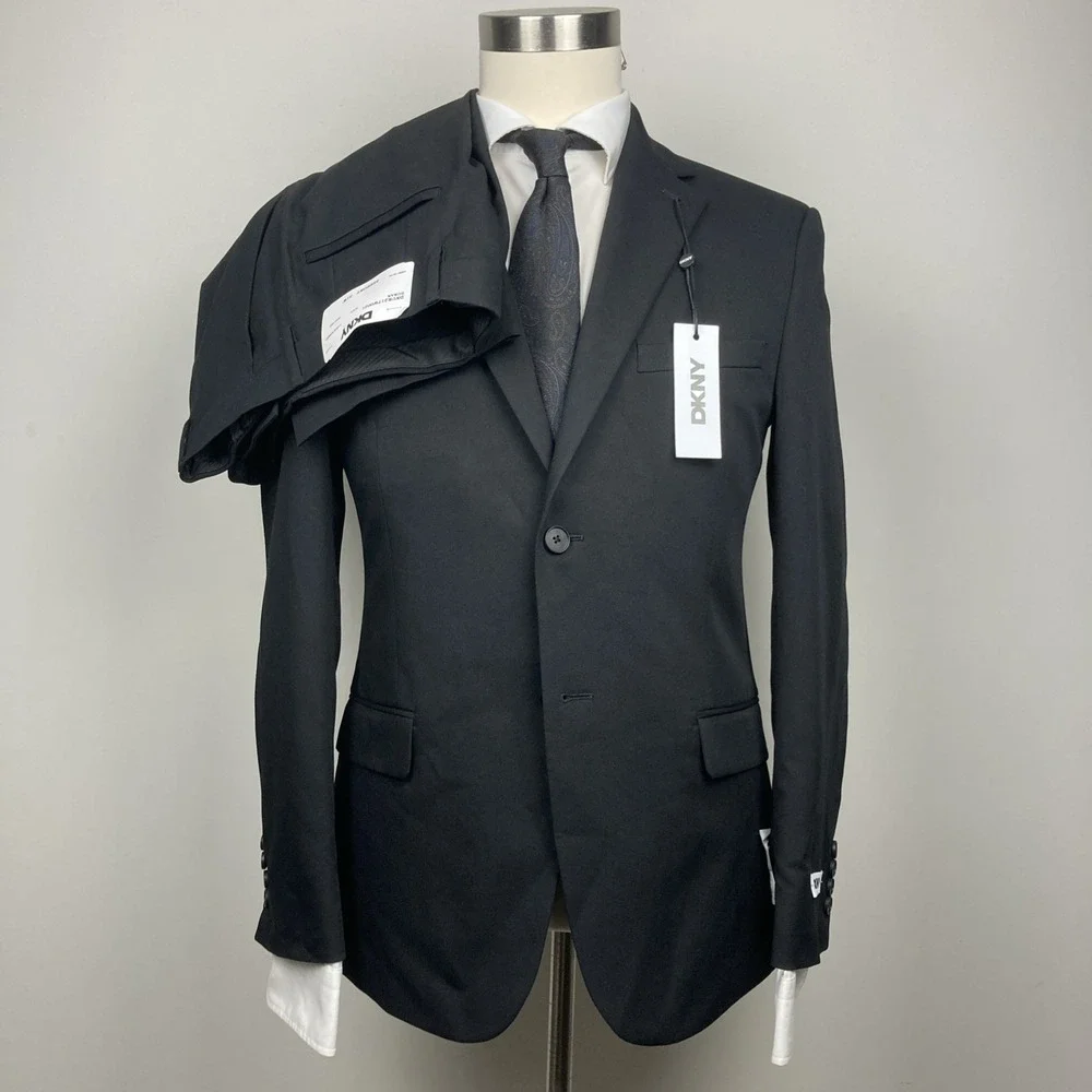 DKNY Mens Modern Fit 2 Piece Suit 43R 36W 32L Black Solid Stretch